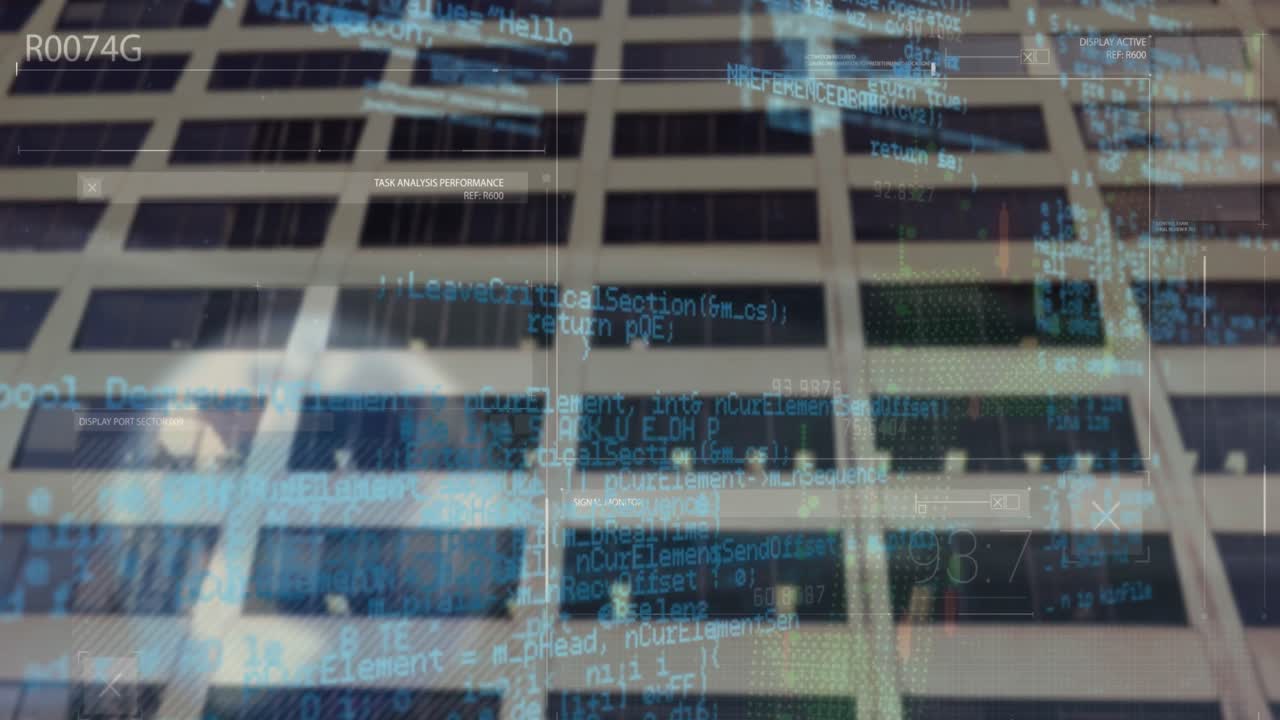 Animation of interface with data processing against tall building