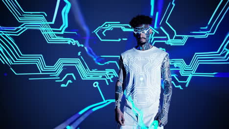 man with cybernetic circuit projections