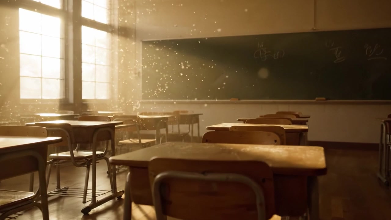 Un'aula vintage inondata di calda luce solare: l'atmosfera accogliente di apprendimento e riflessione in uno spazio educativo tranquillo