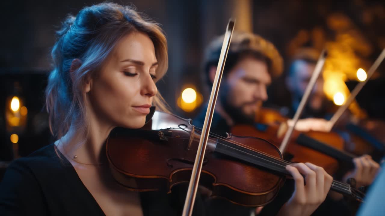 A Skilled Violinist Engaged in a Captivating Performance Surrounded by Fellow Musicians, Creating a Beautiful Atmosphere with Melodic Harmony and Passionate Expression