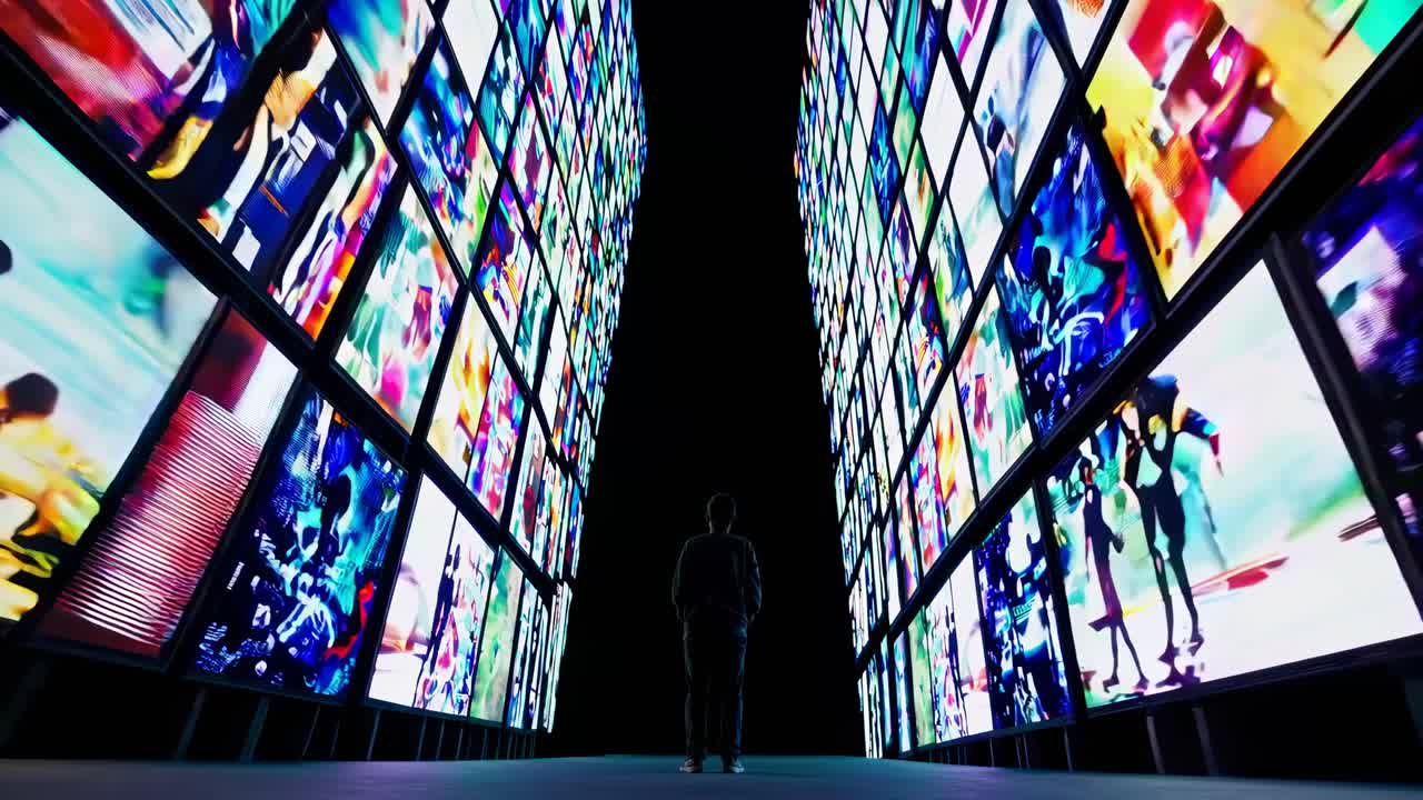 A person stands between towering video screens displaying vibrant images, captured from a low-angle