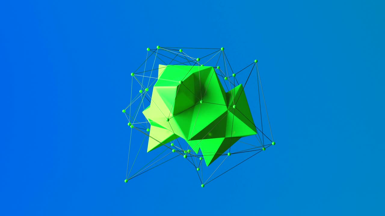 Abstract green crystal figure with thin metalic pipes on the blue background. 3D loop animation with alpha matte.