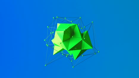abstract green crystal figure with thin metalic pipes on the blue background. 3d loop animation with alpha matte.