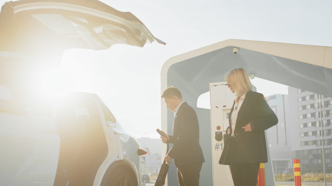 전기 suv를 충전하는 사업가들