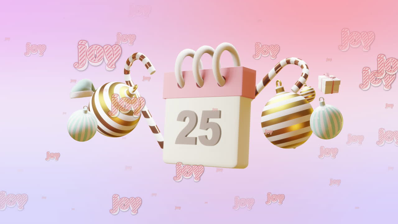 핑크색 배경에 달력과 크리스마스 장식 위에 크리스마스 축하 문자의 애니메이션