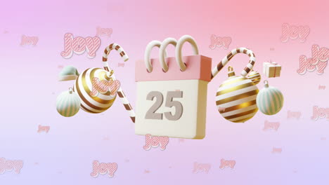 animación de saludos de navidad texto sobre calendario y decoraciones de navidad en fondo rosa