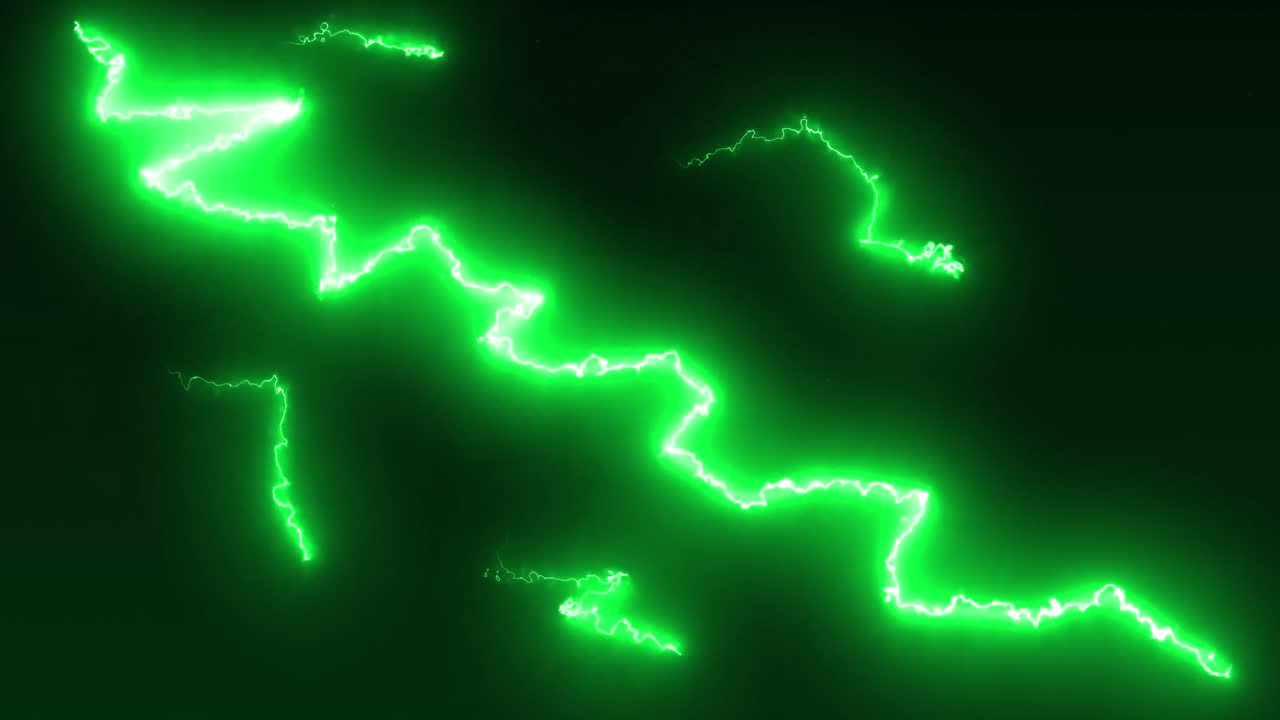 Green lightning bolts electrical current moving wildly across a black background with moving particl