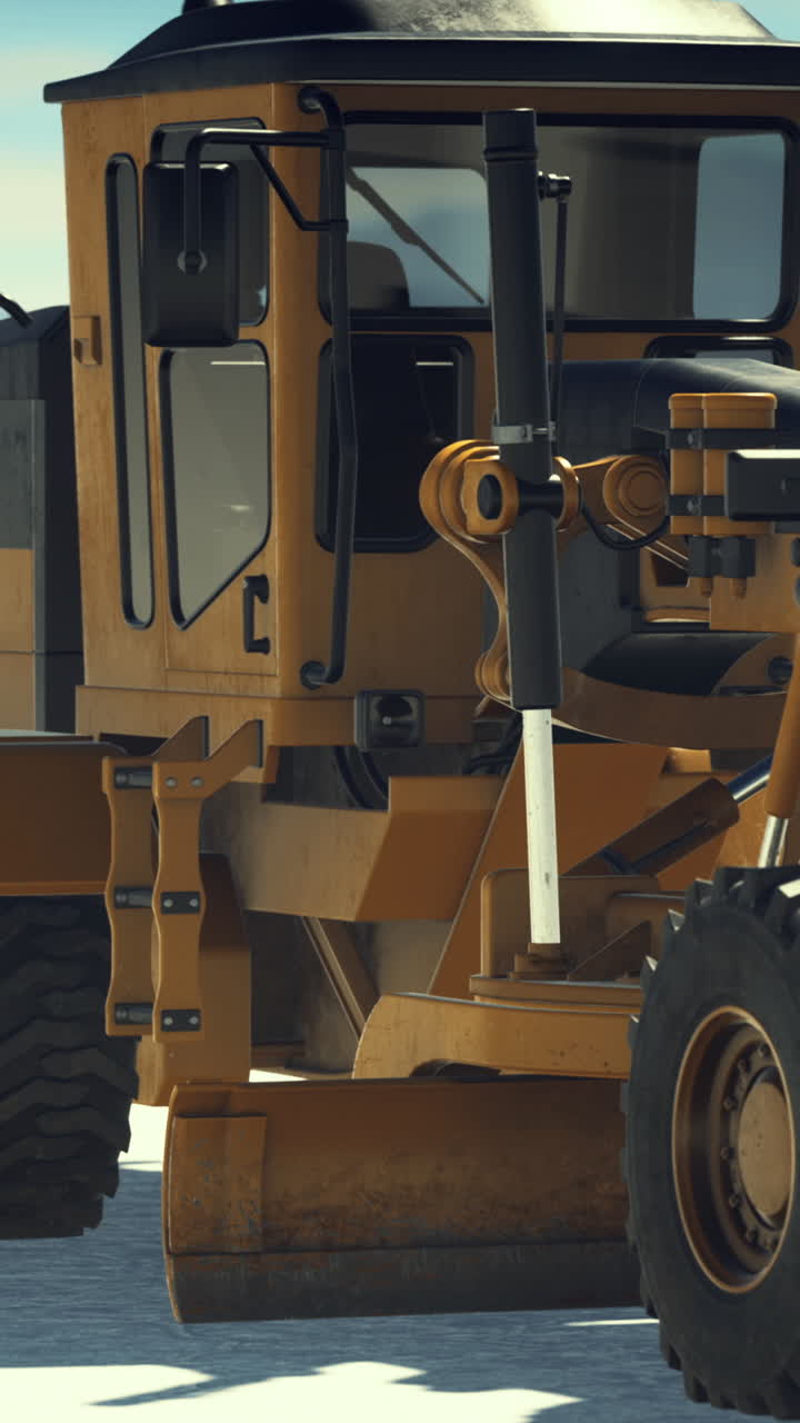 Heavy machinery working on icy landscape during a bright winter day