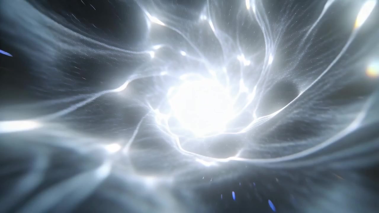 Pulsing bright core sending growing, twisting tendrils through space, drawing knots toward center