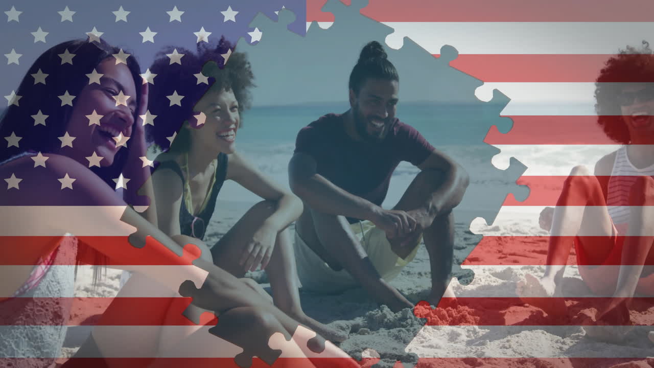 해변에서 이야기하는 다양한 사람들 위에 미국 발의 애니메이션