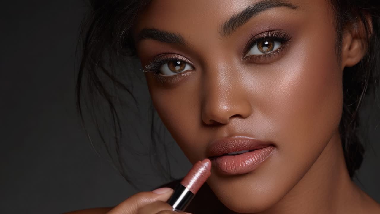 A Stunning Close-Up of a Model Applying Glossy Lip Color, Showcasing Radiant Skin and Expressive Features with a Focus on Beauty and Makeup Techniques