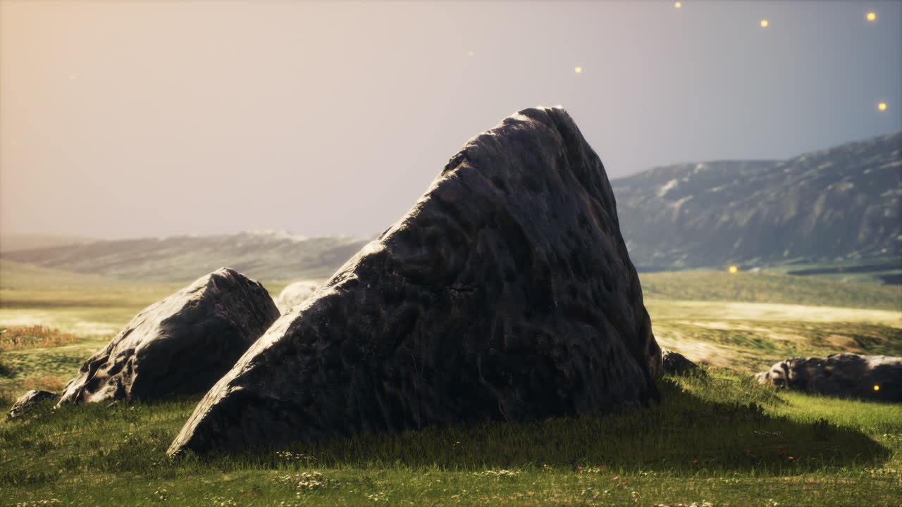 산 의 배경 에 있는 초록색 초원