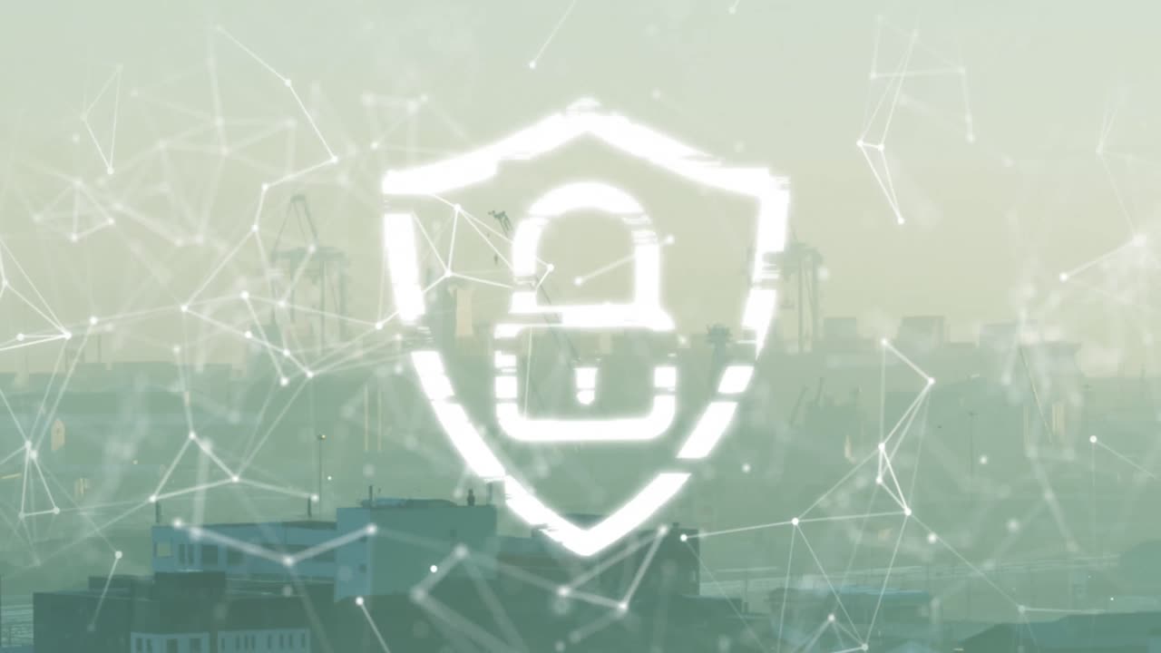 animación de conexiones y candado digital, flotando sobre el paisaje urbano