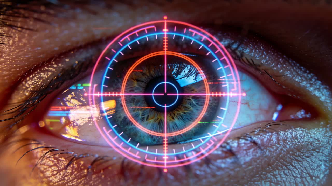 Activating HUD scanning single eye in clinic close-up for alignment, with neon rings, crosshair