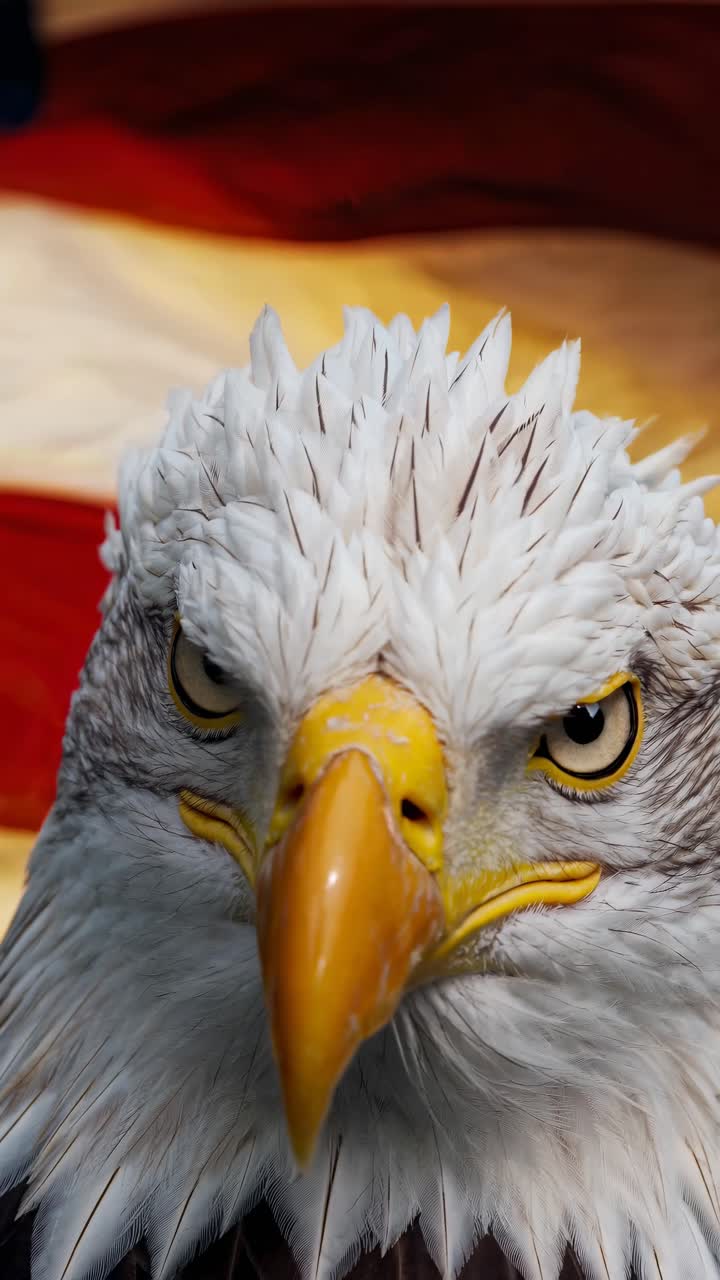Close-up of a bald eagle's intense gaze with an American flag backdrop, captured from a low angle