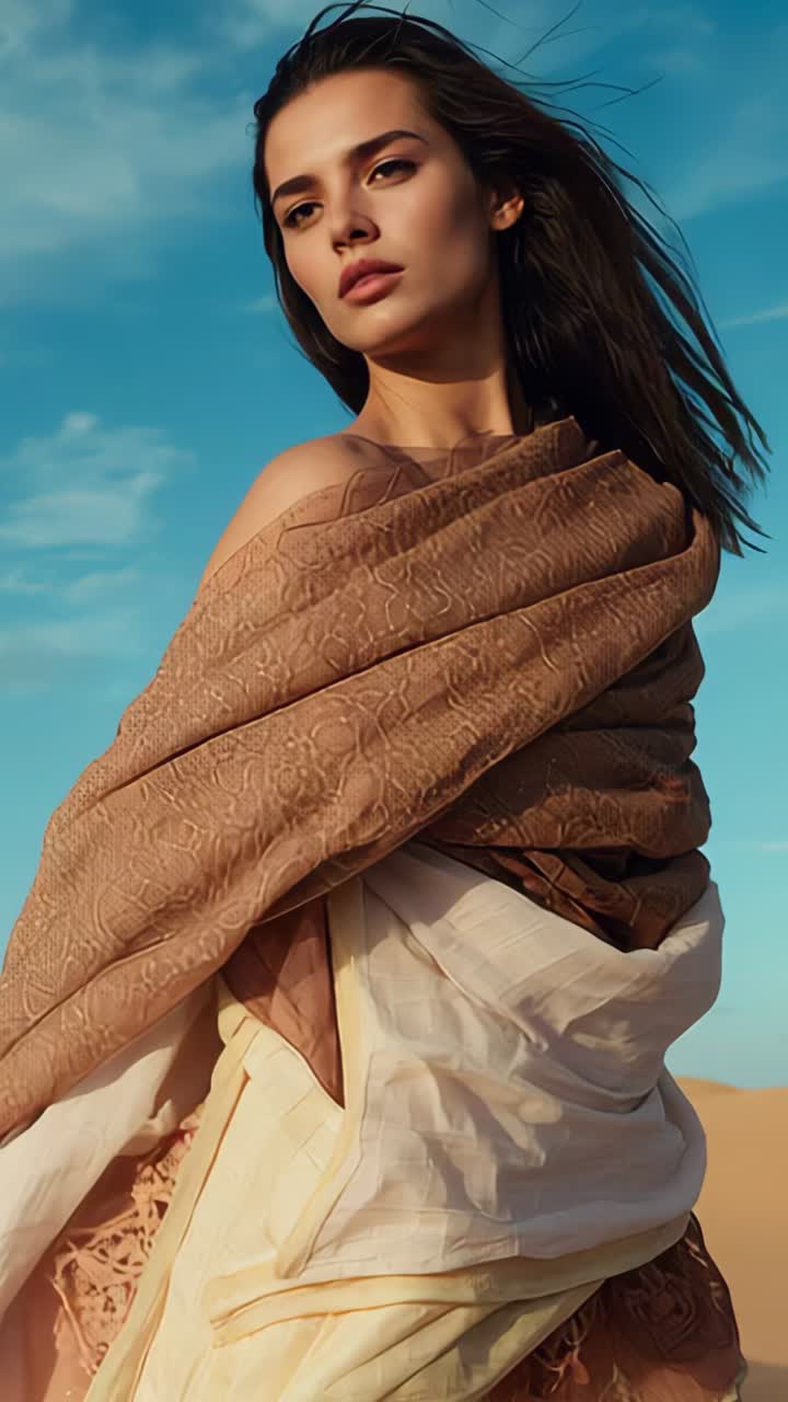 Vertical video: Breeze lifting brown shawl as woman draping it in desert, showing flowing fabric