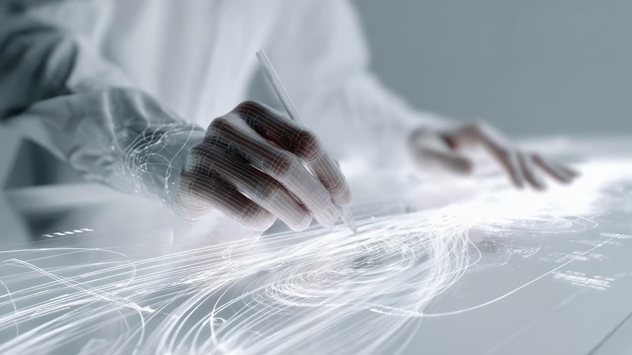 A futuristic illustration showcasing a hand skillfully navigating a glowing digital surface, drawing intricate patterns with a stylus, emphasizing the intersection of technology, creativity, and design innovation