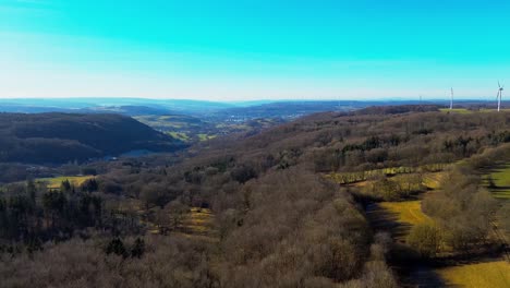 Ruhige-Luftaufnahme-Von-üppigen-Tälern-Mit-Windturbinen-Am-Horizont