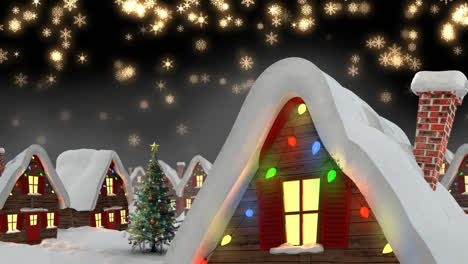 animación de nieve cayendo sobre las casas con luces de hadas