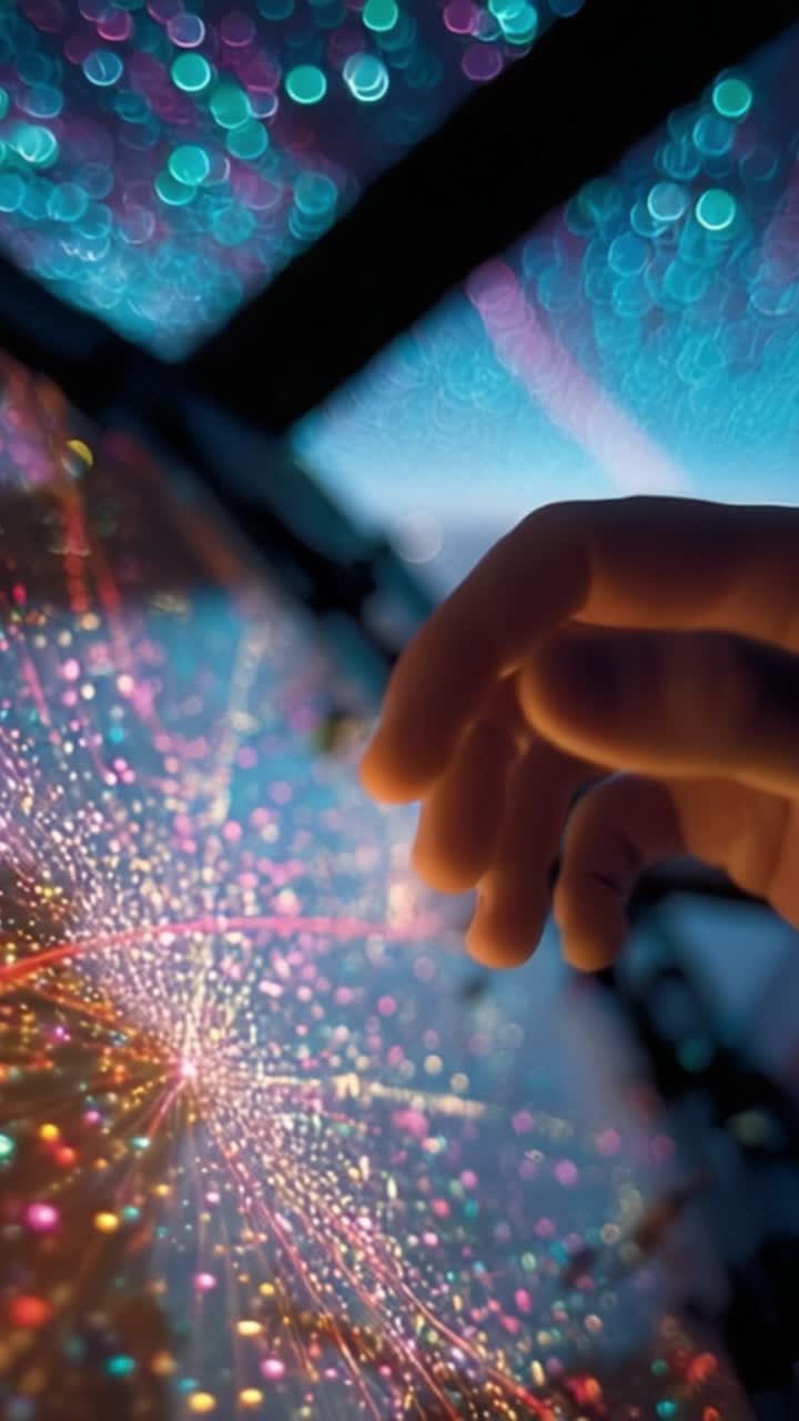 Exploring a Colorful Digital Landscape: A Hand Reaching Out to Vibrant, Twinkling Particles in an Ethereal, Futuristic Environment of Light and Technology