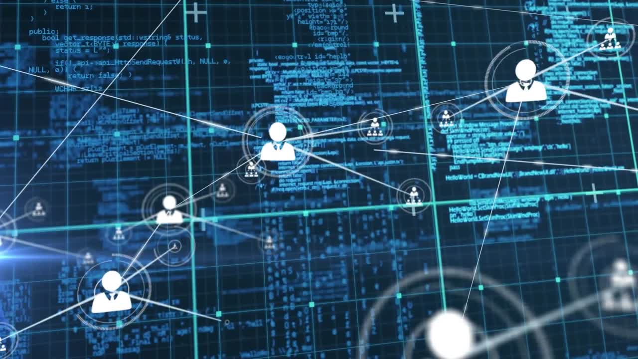 Animation of network of profile icons and data processing against blue background