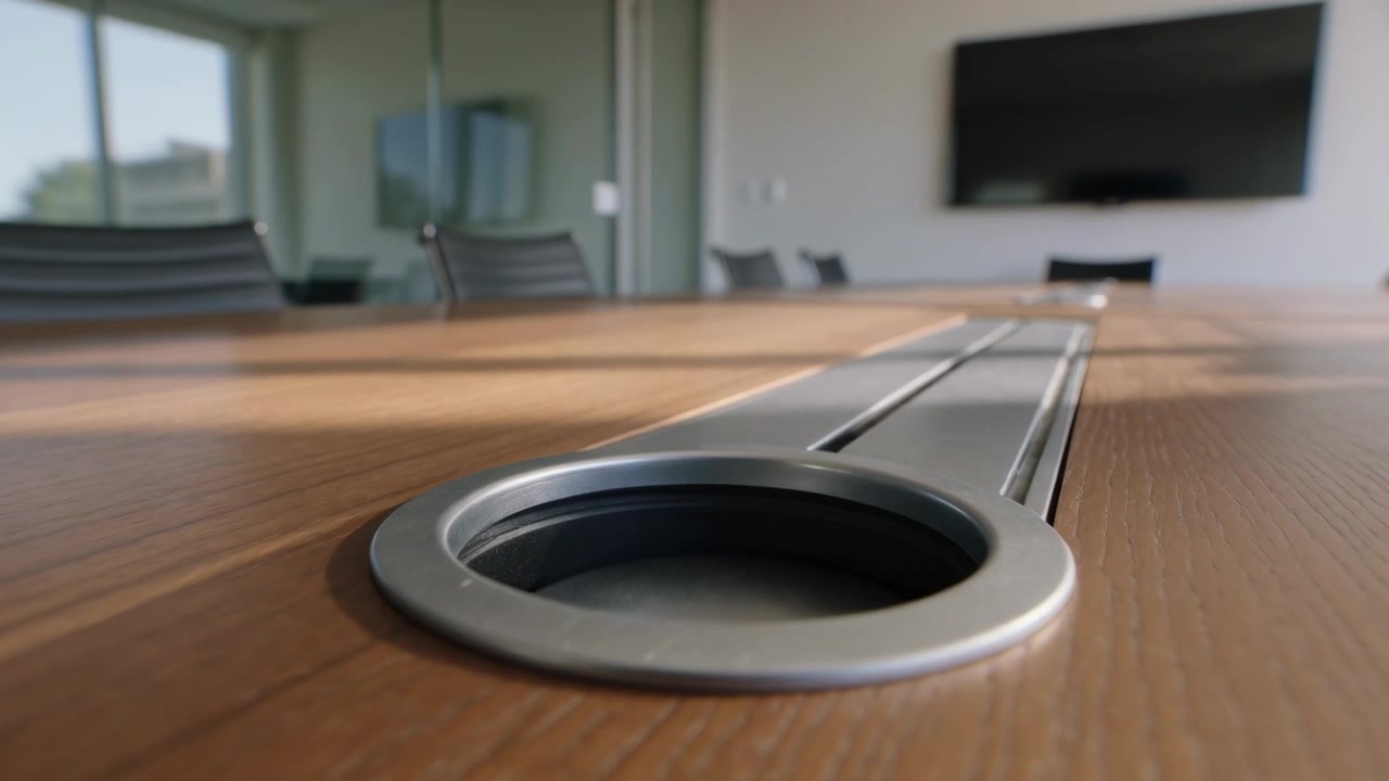 Camera slowly shifting forward, metal cable cover flipping open along cable channel on wooden table