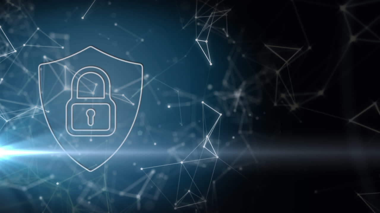 Animation of online security padlock with network of connections in background