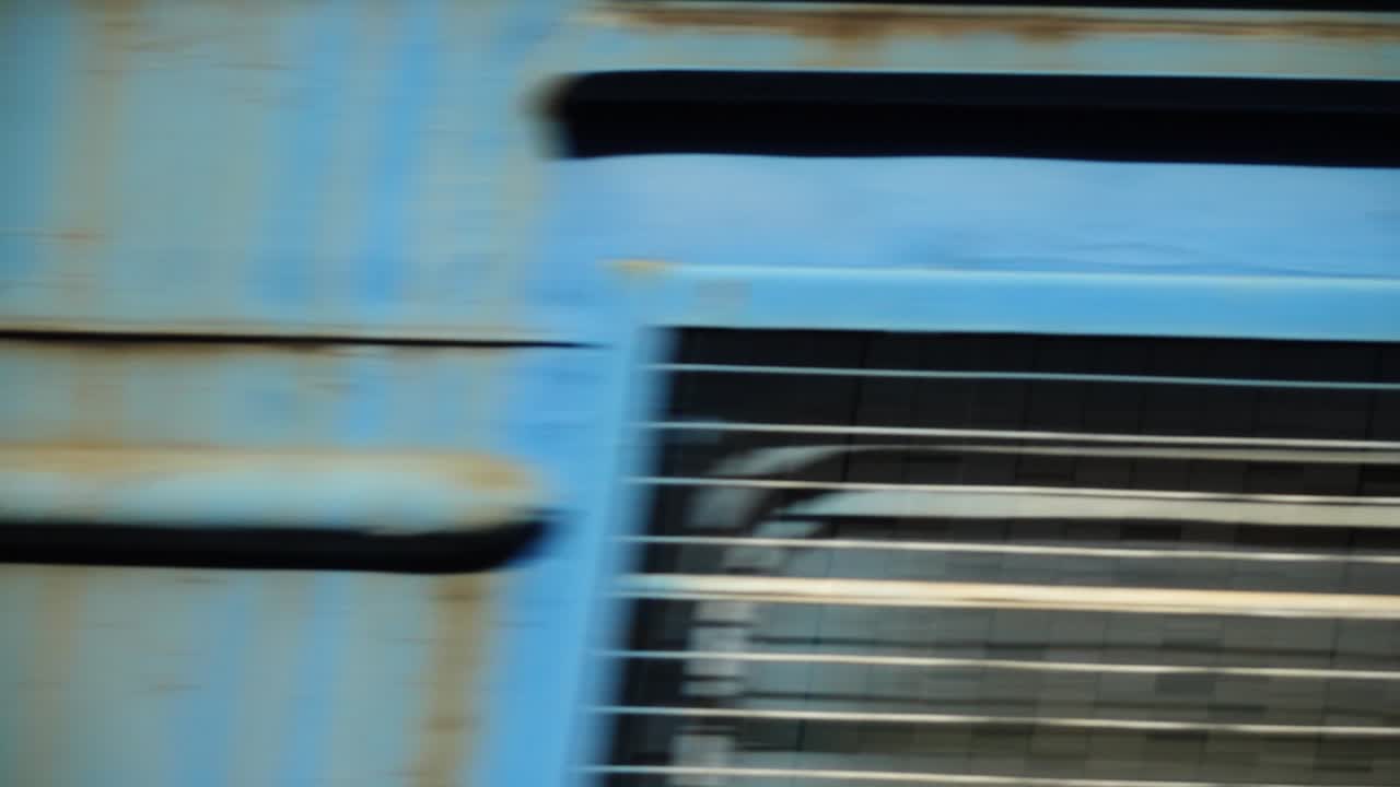 Cargo carriage of the railway train. Shooting in the movement