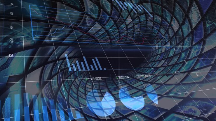 Animation of statistical data processing over multiple curved screens against blue background