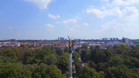 fantastic aerial top view flight gold angel of peace column city town munich germany bavarian, summer sunny cloudy sky day 23