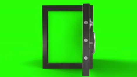 3d animation of opening and close a metal safe bank box with camera going toward with green screen