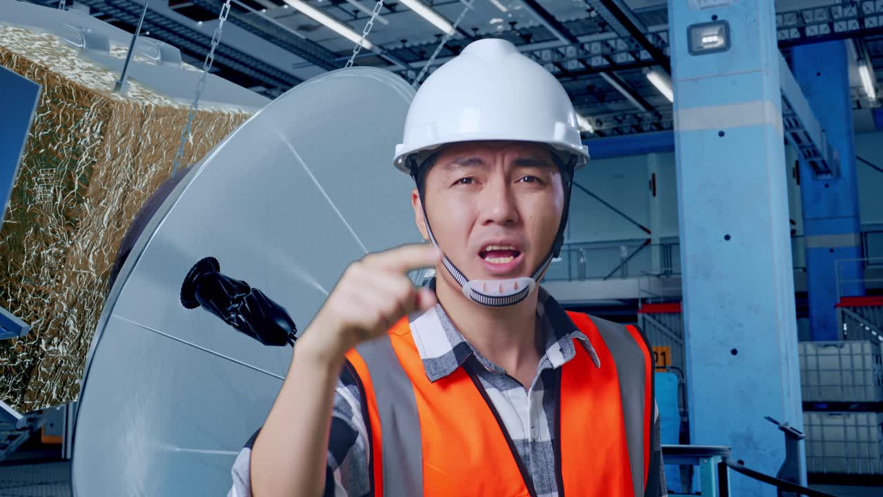 위성 접시를 가리키는 엔지니어