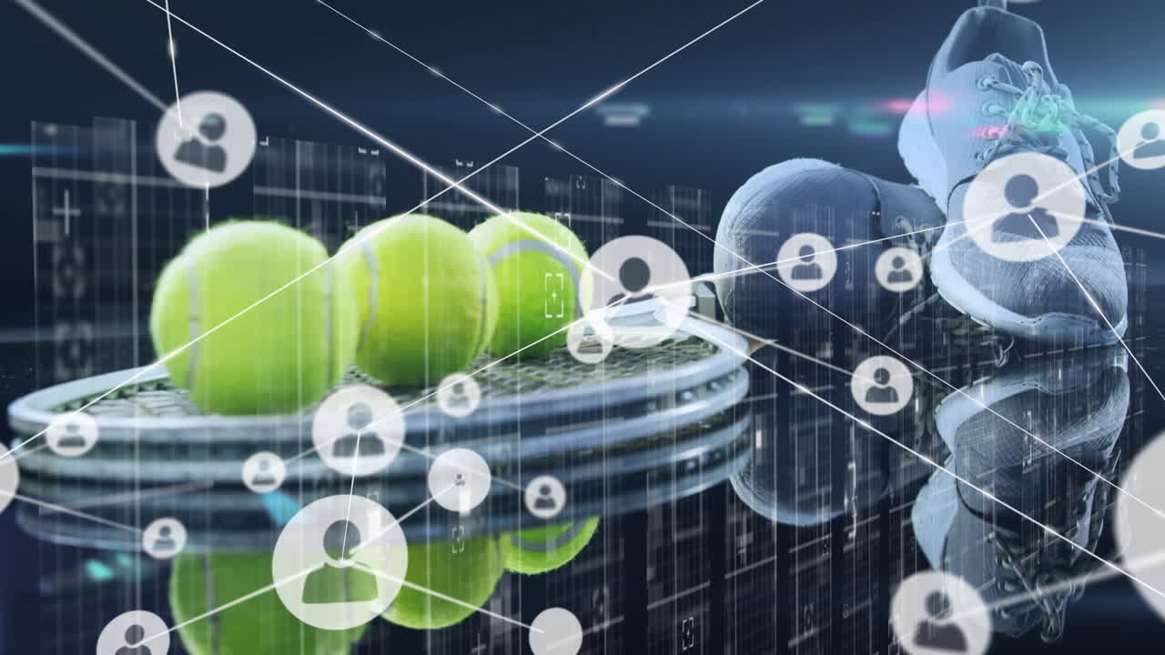 테니스 라켓, 신발, 공을 통해 사람들과 연결되는 네트워크 아이콘의 애니메이션