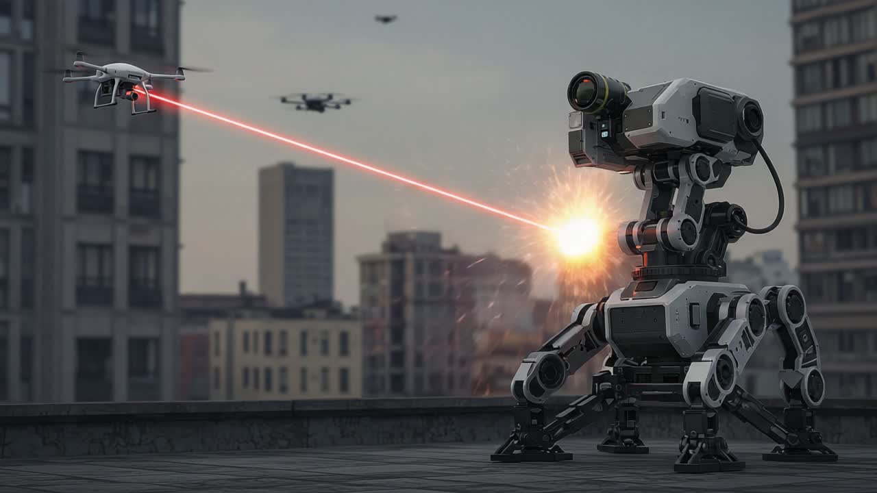 A futuristic battle unfolds as an advanced robotic machine targets drones with a powerful laser beam in a high-tech urban environment, showcasing cutting-edge technology