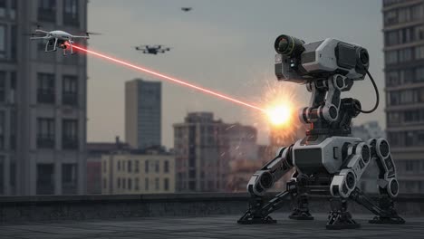 a futuristic battle unfolds as an advanced robotic machine targets drones with a powerful laser beam in a high-tech urban environment, showcasing cutting-edge technology