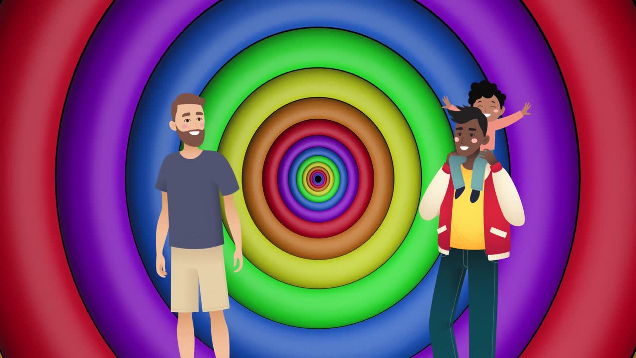 animación de una pareja masculina con un niño sobre círculos de arco iris y colores que se mueven en un bucle sin costuras