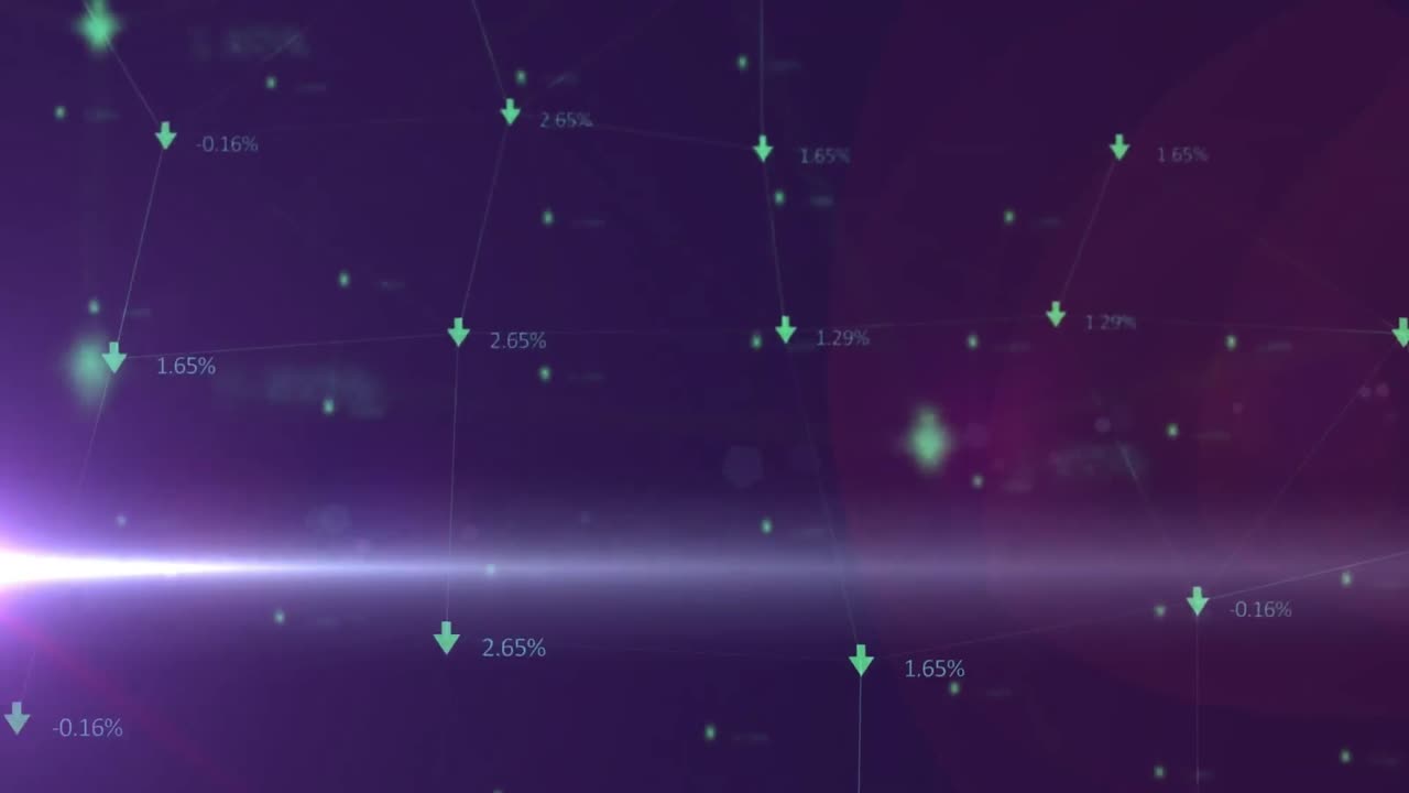 Animation of network of connections with numbers over light trails on purple background