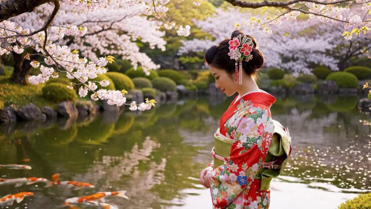 Donna in kimono vicino a un laghetto di ciliegi in fiore
