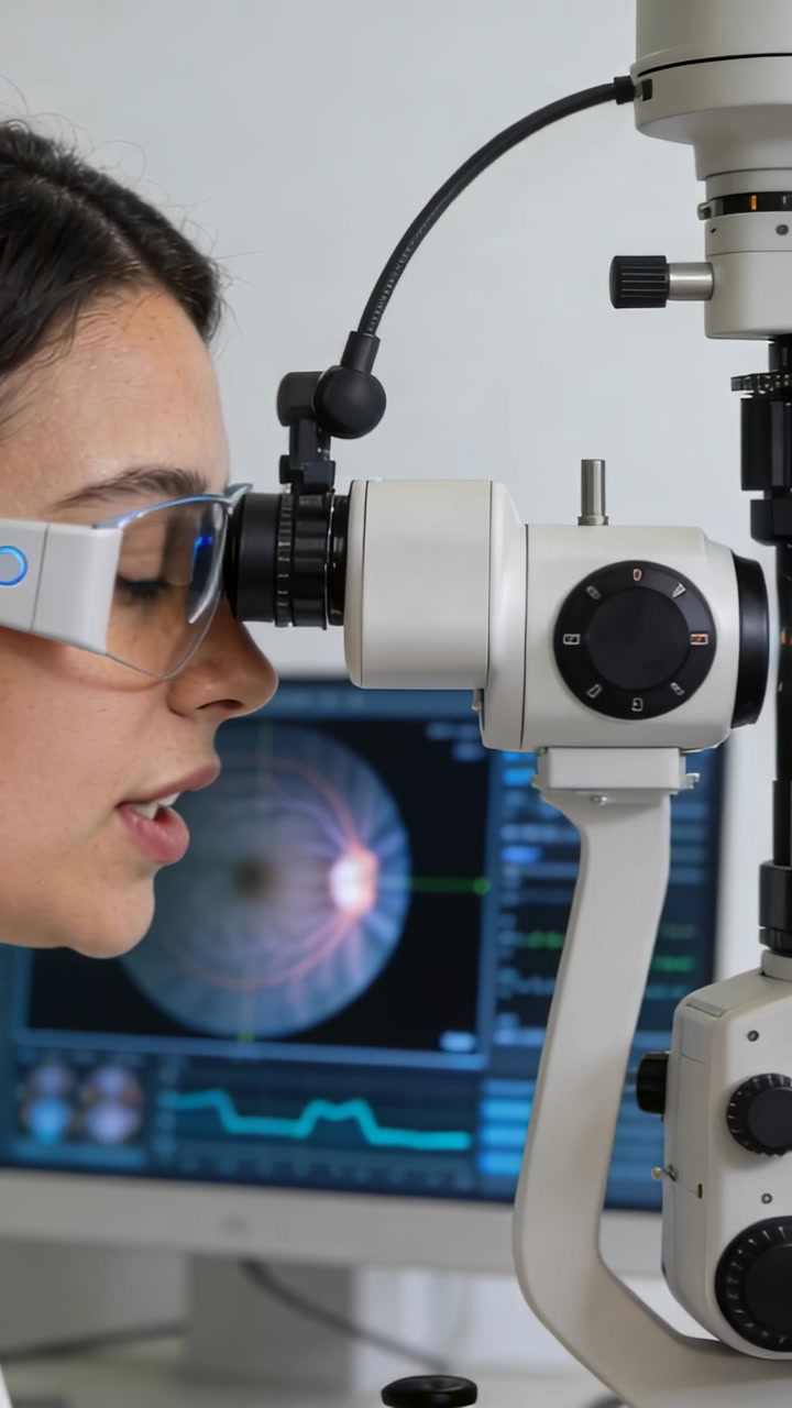 Vertical video: Ring light on, goggled tech tuning slit-lamp at clinic, aligning retina, copy space