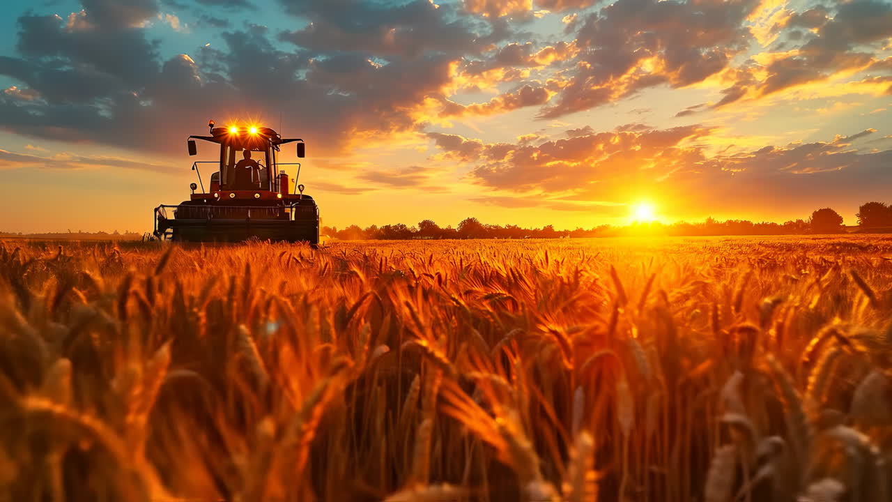 Harvest time at sunset in a golden field. A tractor works in a wheat field as the sun sets, casting an orange glow over the landscape and crops