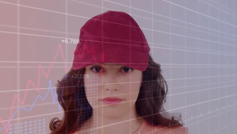 animation of financial data processing over caucasian woman in red cap