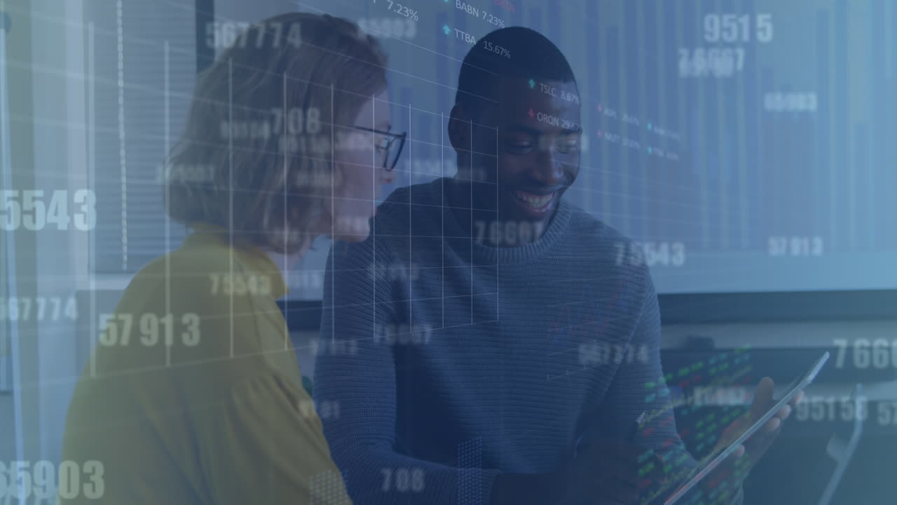 Animation of graphs, changing numbers and trading board over diverse coworkers discussing reports