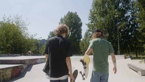 caucasian friends walking in skatepark.