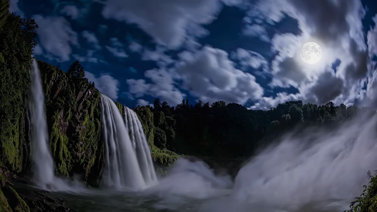 Escena nocturna espectacular de cascadas bajo la luz de la luna llena, capturada en un plano de gran angular