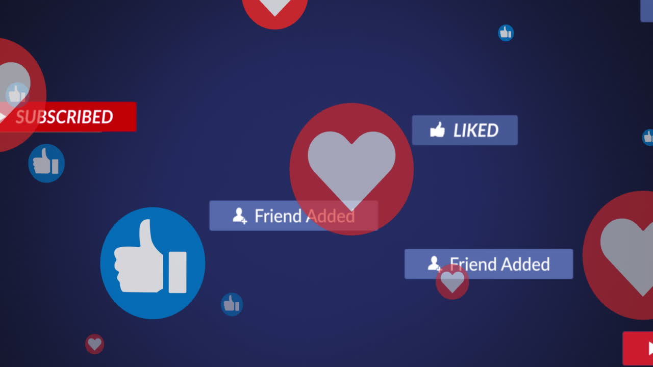 animación del texto de las redes sociales en banners con iconos digitales sobre fondo púrpura