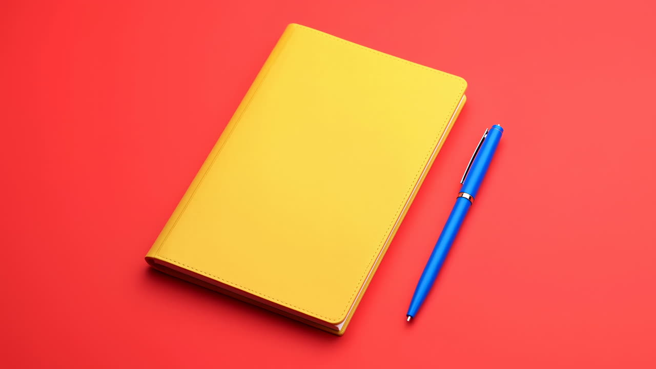 Gul notatbok blå penn rød bakgrunn, minimal arbeidsplasskomposisjon, moderne skinnjournal