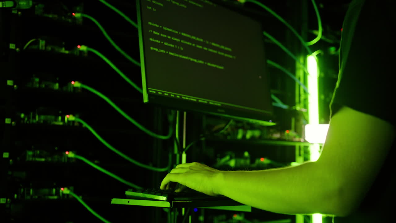 Man programming in a server room with green lights