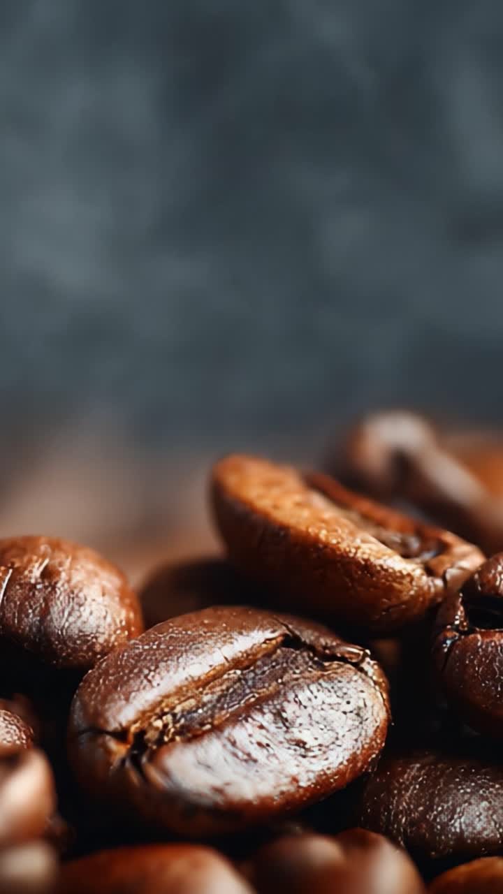 Aromatisk nærbillede af friskristede kaffebønner omgivet af damp, der fanger essensen af kaffens smagfulde aroma og tekstur i hver detalje.