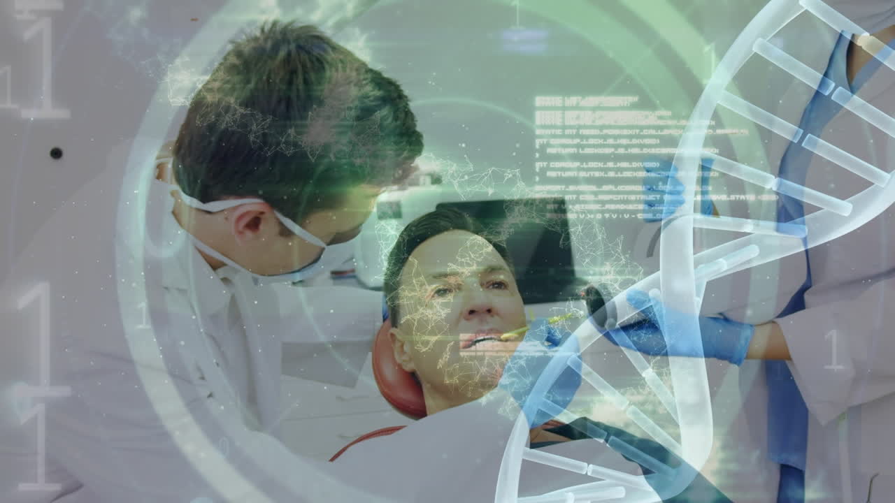 코카시안 남성 치과의사와 치과의사 사이의 dna 가닥 스피닝과 데이터 처리 애니메이션