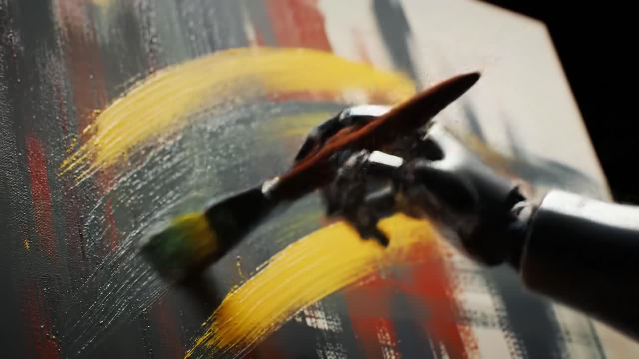 Uma Exibição Cativante de Expressão Artística: Uma Mão Robótica Pincela Habilmente Cores Vibrantes em uma Tela em uma Demonstração Impressionante de Criatividade